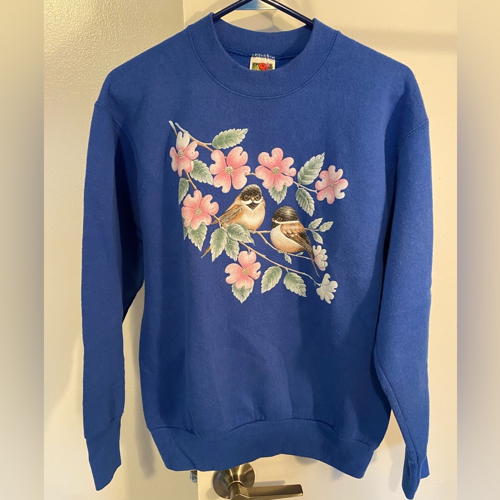 Fruit of the Loom Blue Sweater with Floral Bird Design